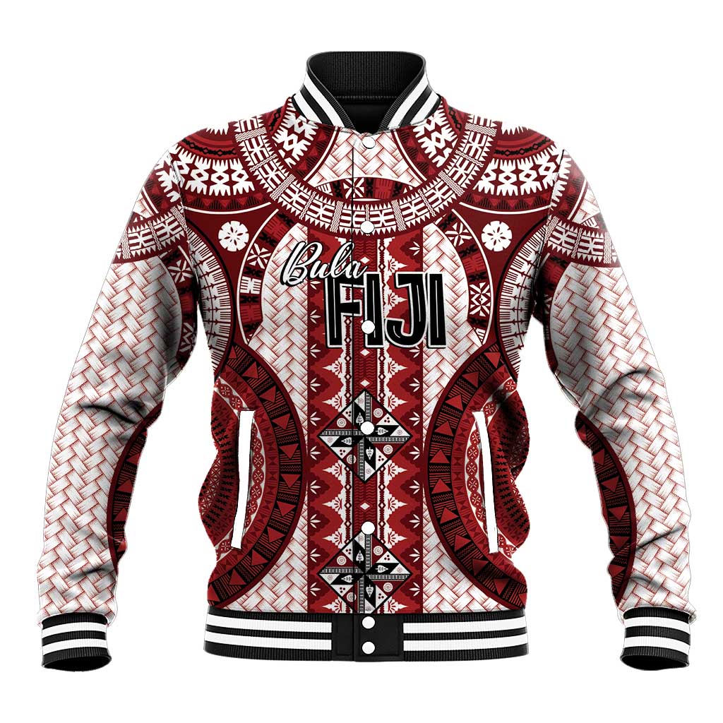 Bula Fiji Vintage Baseball Jacket Scarlet Masi Motifs LT7 Unisex Scarlet - Polynesian Pride