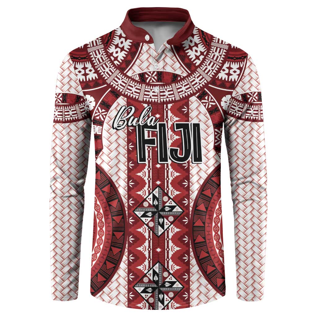 Bula Fiji Vintage Button Sweatshirt Scarlet Masi Motifs LT7 Scarlet - Polynesian Pride