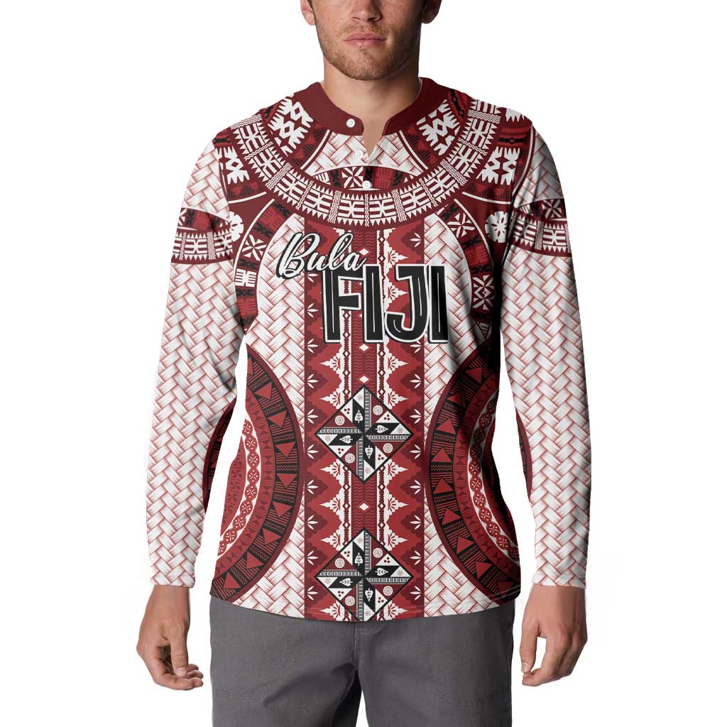Bula Fiji Vintage Button Sweatshirt Scarlet Masi Motifs LT7 - Polynesian Pride