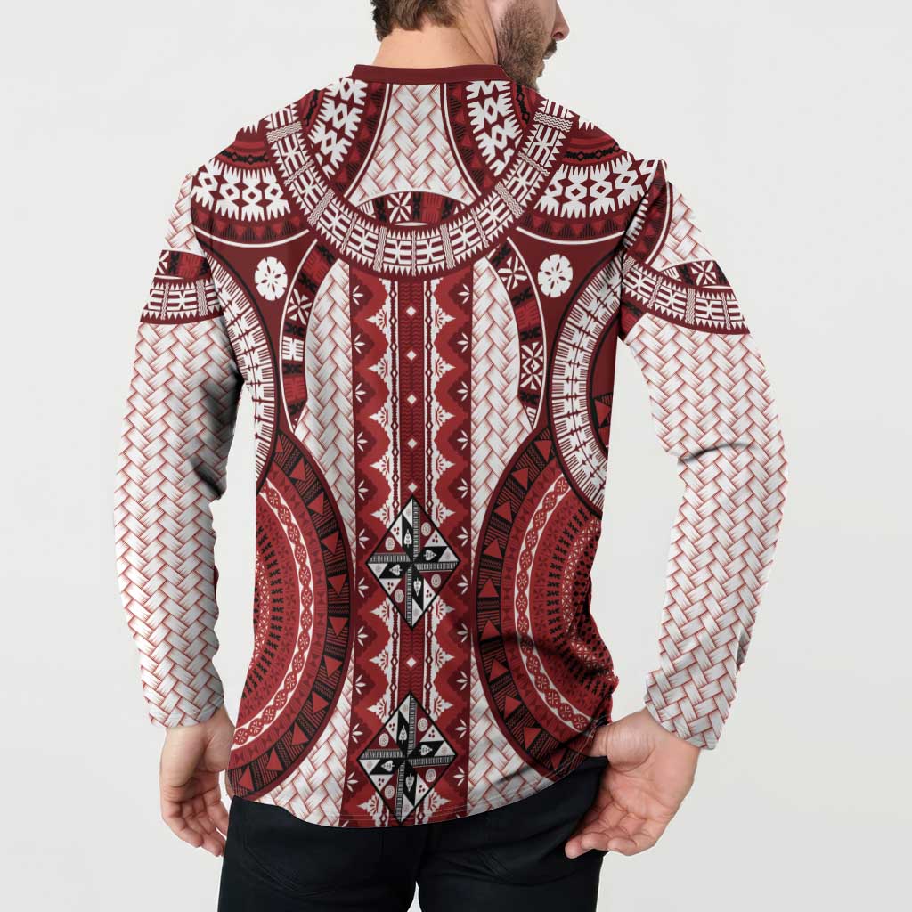 Bula Fiji Vintage Button Sweatshirt Scarlet Masi Motifs LT7 - Polynesian Pride