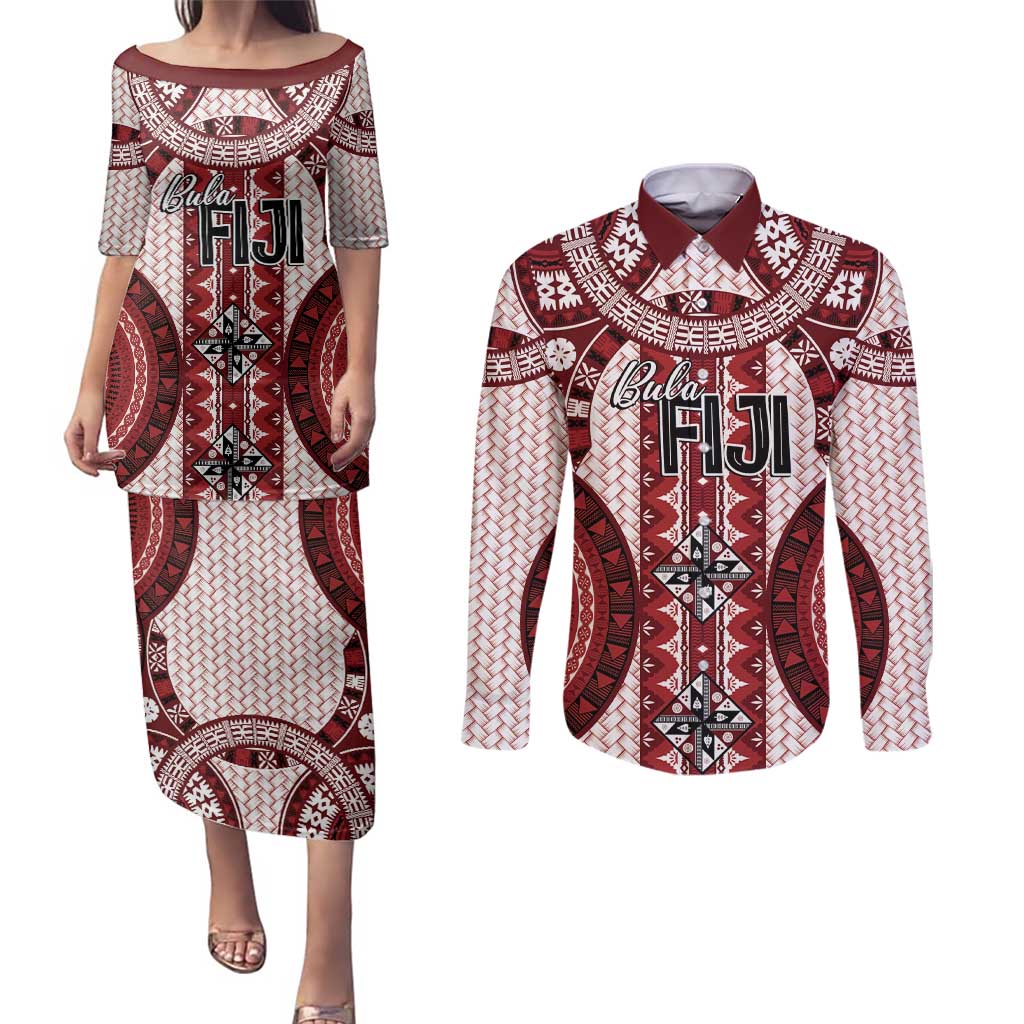 Bula Fiji Vintage Couples Matching Puletasi and Long Sleeve Button Shirt Scarlet Masi Motifs