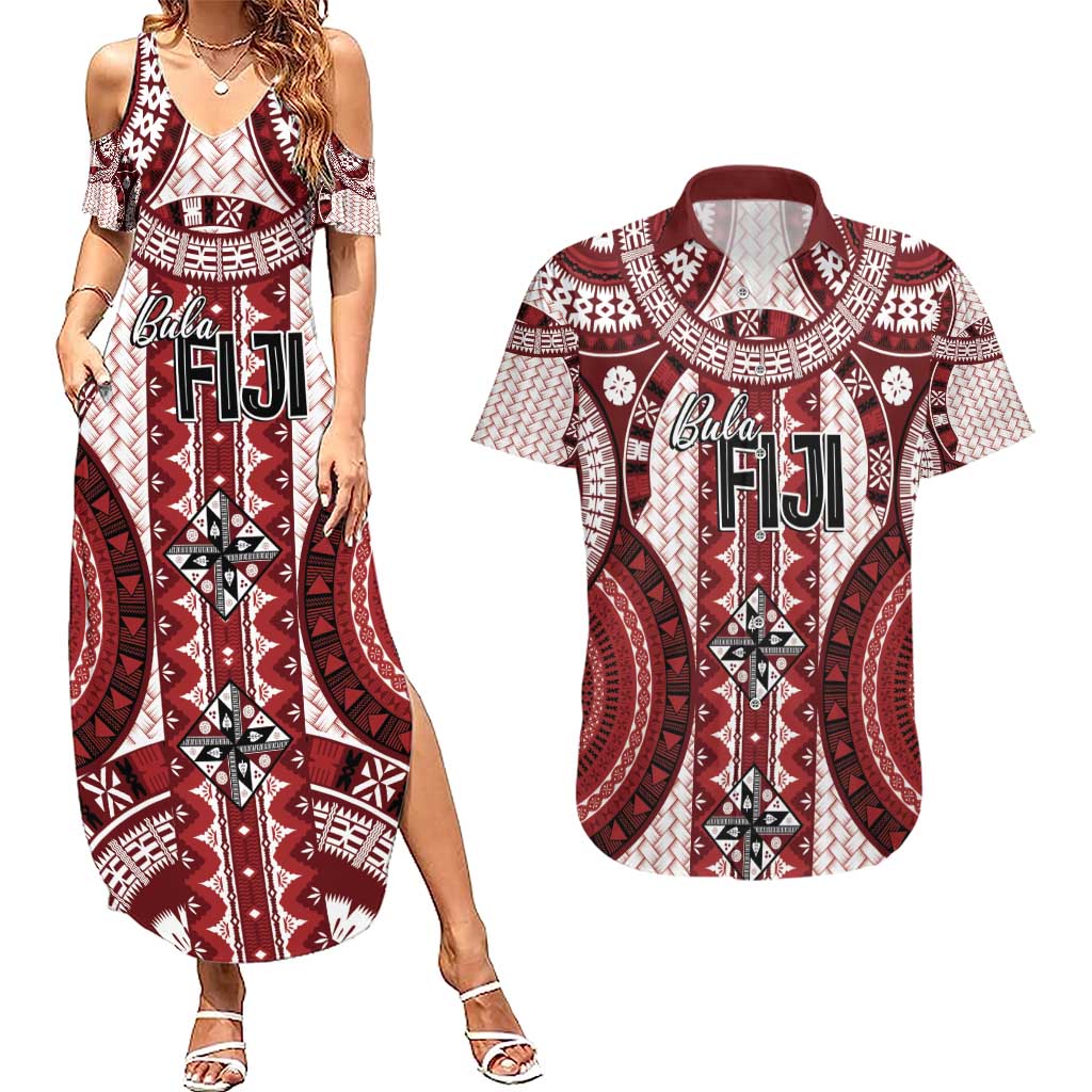 Bula Fiji Vintage Couples Matching Summer Maxi Dress and Hawaiian Shirt Scarlet Masi Motifs