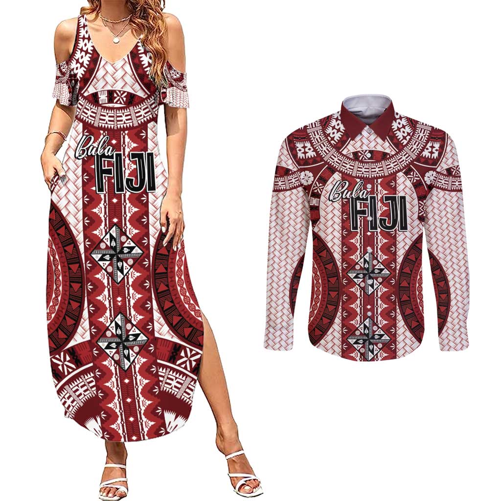 Bula Fiji Vintage Couples Matching Summer Maxi Dress and Long Sleeve Button Shirt Scarlet Masi Motifs