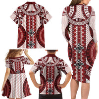 Bula Fiji Vintage Family Matching Long Sleeve Bodycon Dress and Hawaiian Shirt Scarlet Masi Motifs