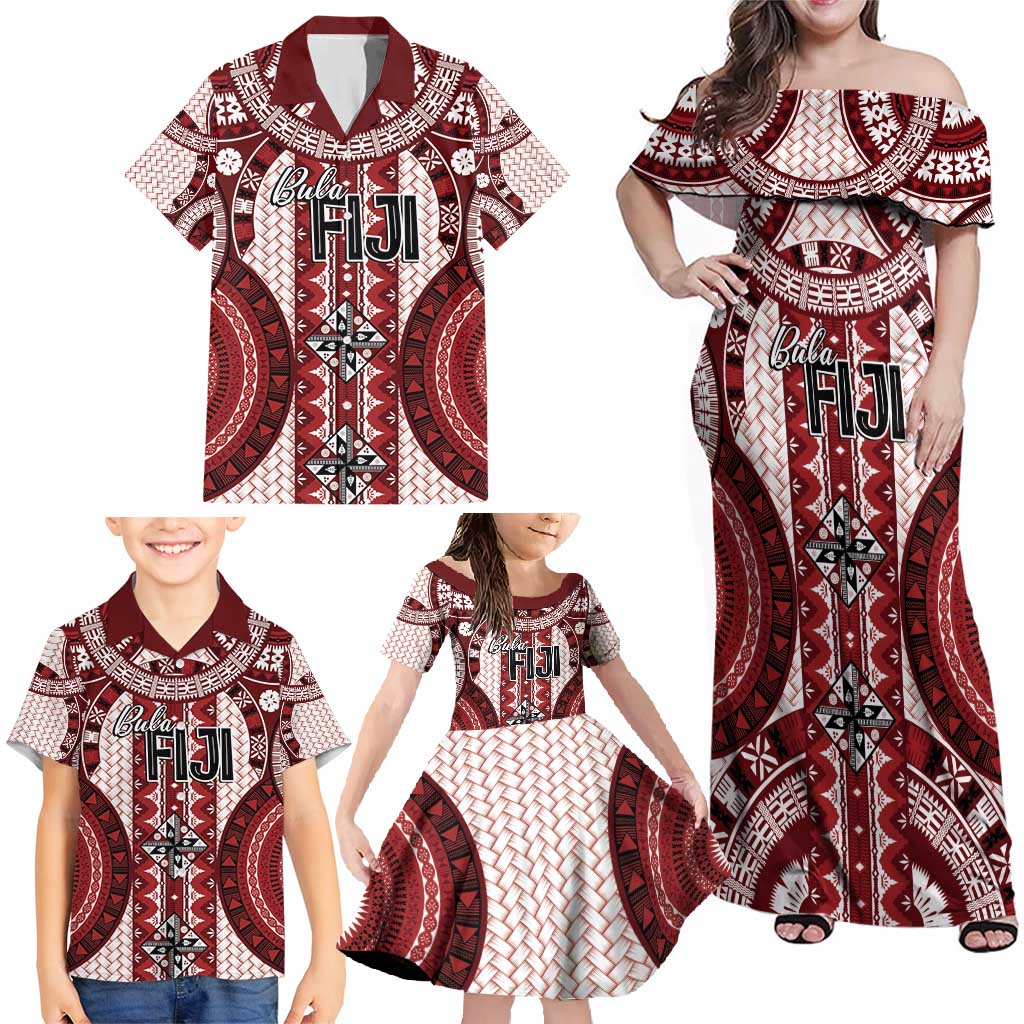 Bula Fiji Vintage Family Matching Off Shoulder Maxi Dress and Hawaiian Shirt Scarlet Masi Motifs