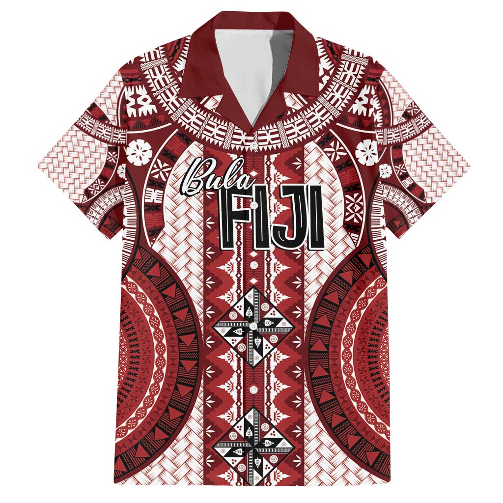Bula Fiji Vintage Family Matching Off Shoulder Short Dress and Hawaiian Shirt Scarlet Masi Motifs