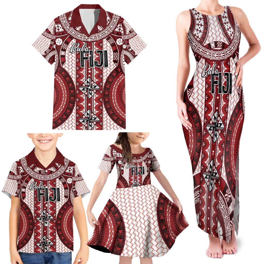 Bula Fiji Vintage Family Matching Tank Maxi Dress and Hawaiian Shirt Scarlet Masi Motifs