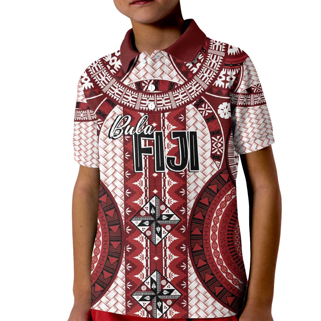 Bula Fiji Vintage Kid Polo Shirt Scarlet Masi Motifs LT7 Kid Scarlet - Polynesian Pride