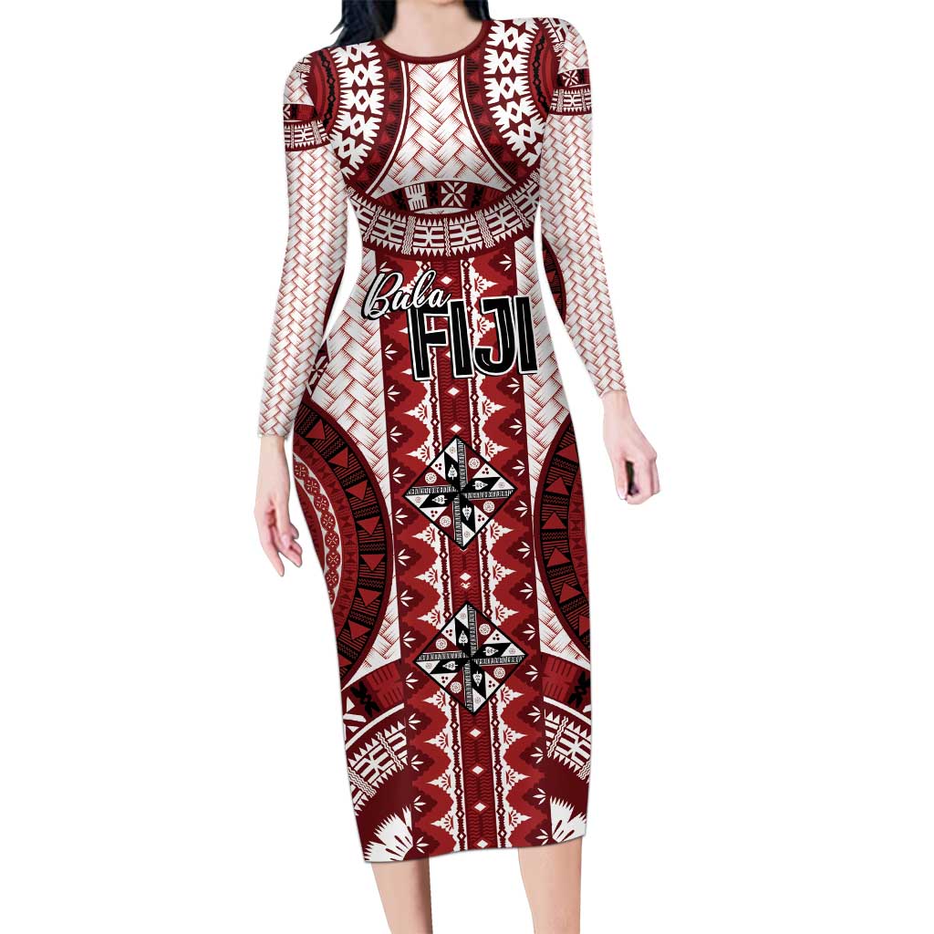Bula Fiji Vintage Long Sleeve Bodycon Dress Scarlet Masi Motifs