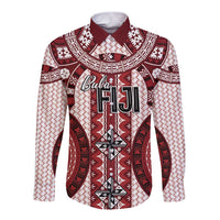 Bula Fiji Vintage Long Sleeve Button Shirt Scarlet Masi Motifs LT7 Unisex Scarlet - Polynesian Pride