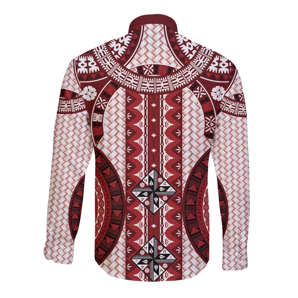 Bula Fiji Vintage Long Sleeve Button Shirt Scarlet Masi Motifs LT7 - Polynesian Pride
