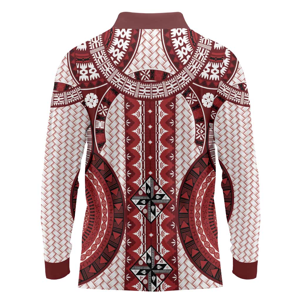 Bula Fiji Vintage Long Sleeve Polo Shirt Scarlet Masi Motifs