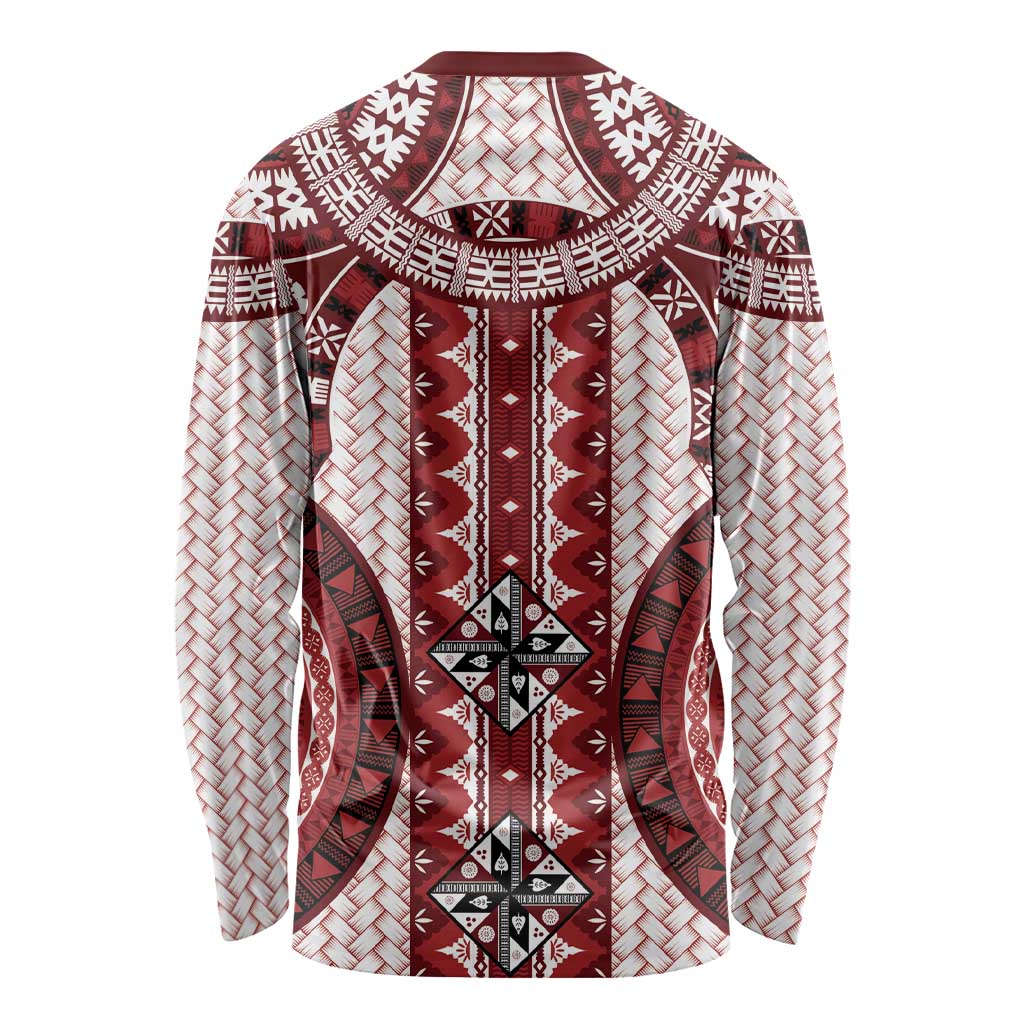 Bula Fiji Vintage Long Sleeve Shirt Scarlet Masi Motifs LT7 - Polynesian Pride