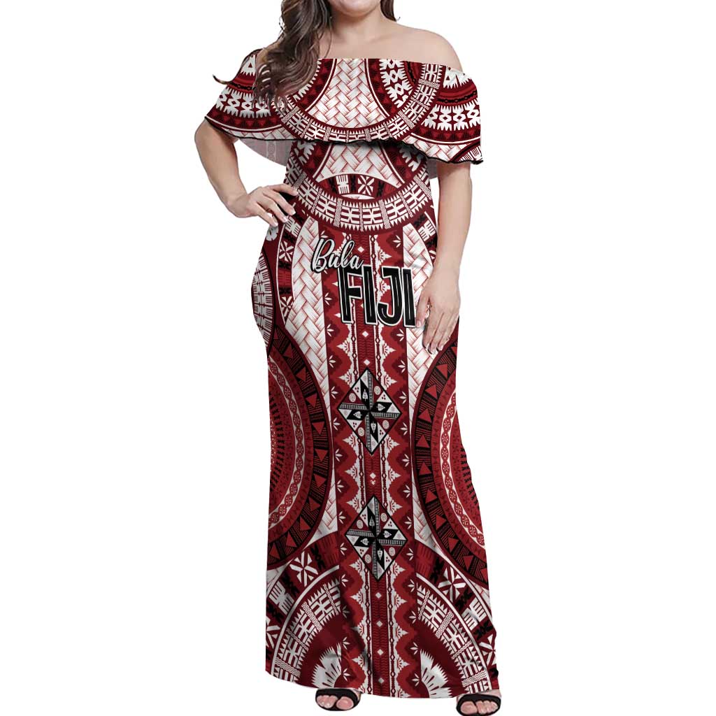 Bula Fiji Vintage Off Shoulder Maxi Dress Scarlet Masi Motifs