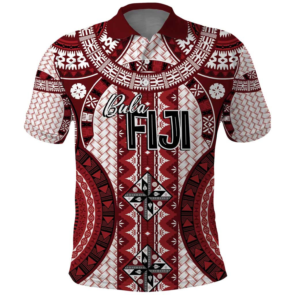 Bula Fiji Vintage Polo Shirt Scarlet Masi Motifs LT7 Scarlet - Polynesian Pride