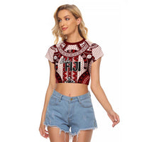 Bula Fiji Vintage Raglan Cropped T Shirt Scarlet Masi Motifs LT7 Female Scarlet - Polynesian Pride