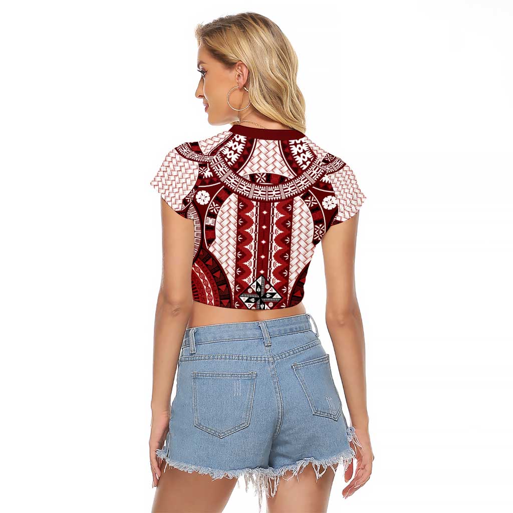 Bula Fiji Vintage Raglan Cropped T Shirt Scarlet Masi Motifs LT7 - Polynesian Pride