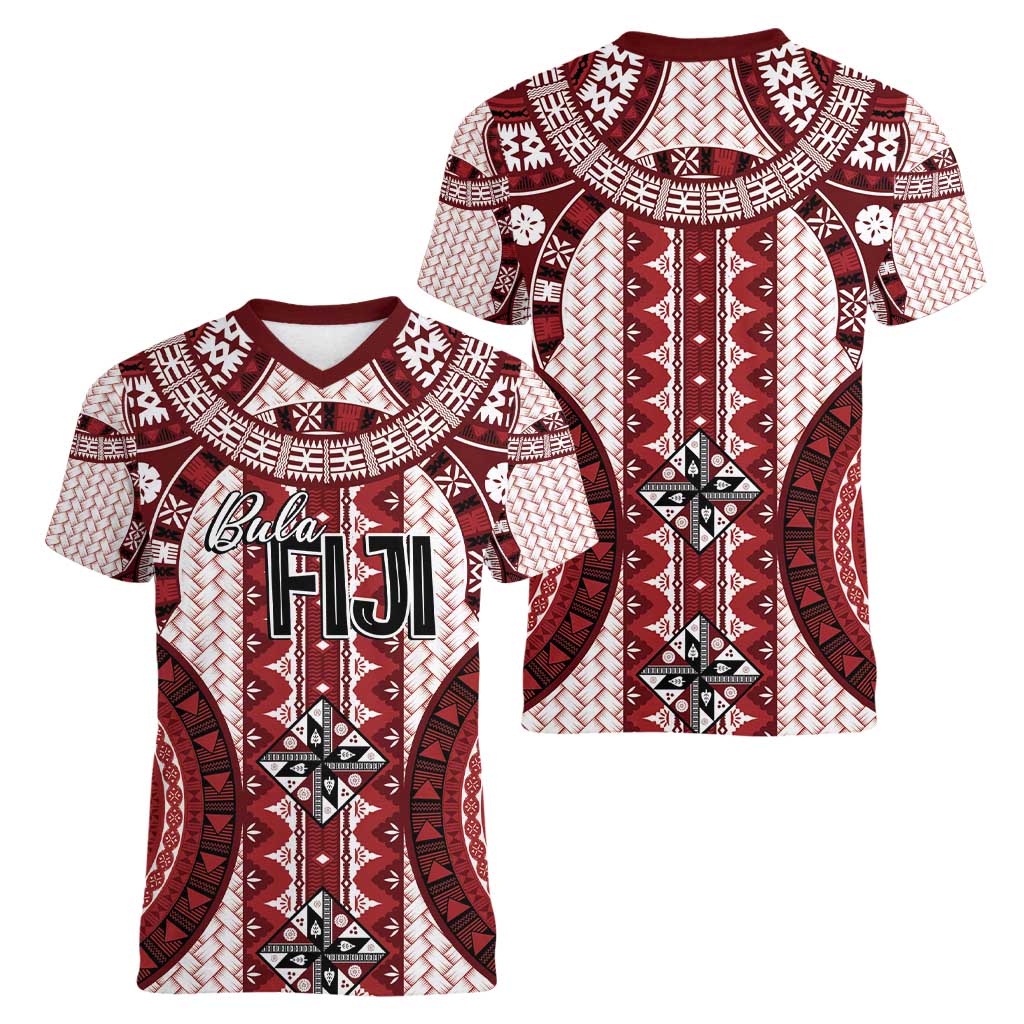 Bula Fiji Vintage Women V-Neck T-Shirt Scarlet Masi Motifs