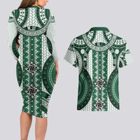 Bula Fiji Vintage Couples Matching Long Sleeve Bodycon Dress and Hawaiian Shirt Phthalo Green Masi Motifs
