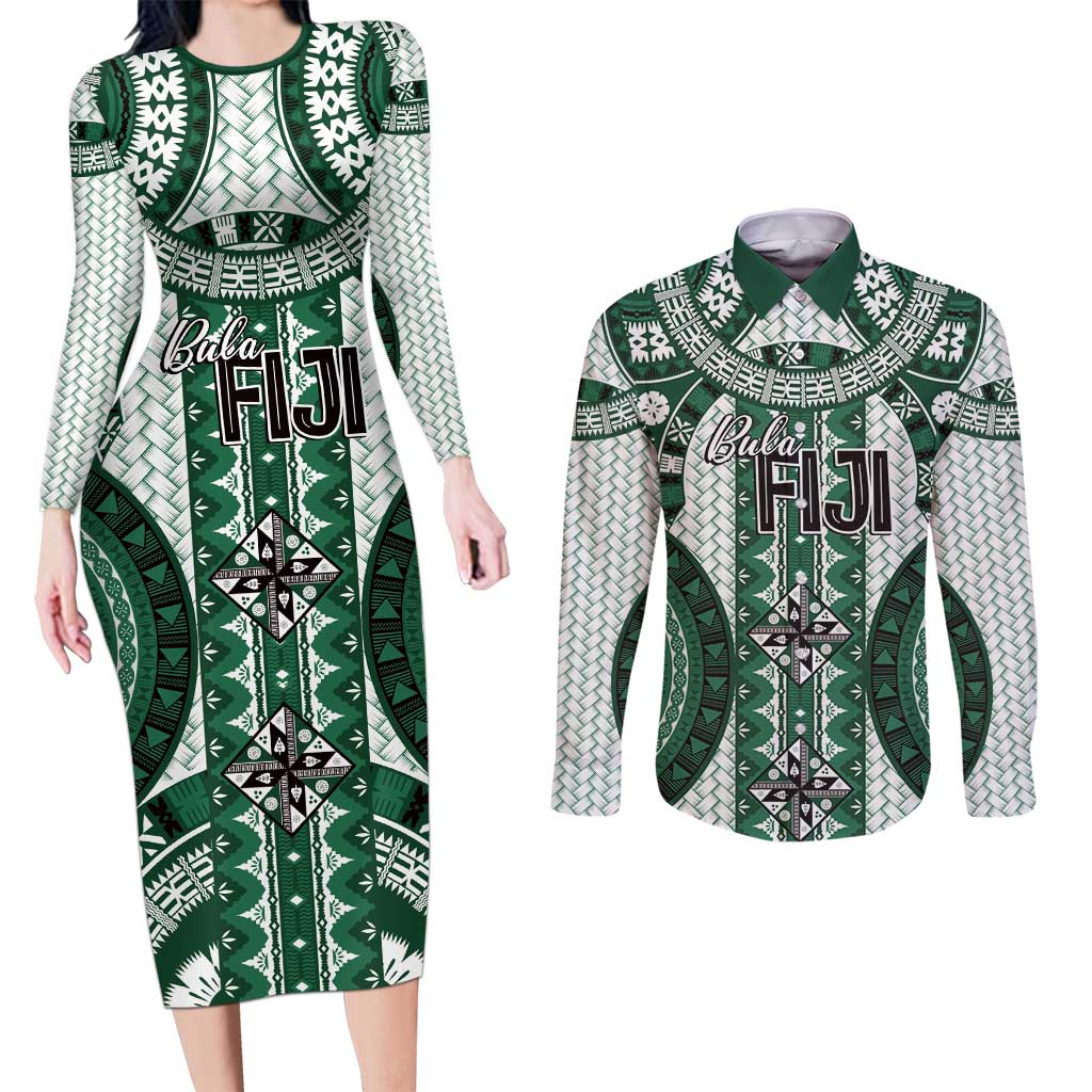 Bula Fiji Vintage Couples Matching Long Sleeve Bodycon Dress and Long Sleeve Button Shirt Phthalo Green Masi Motifs