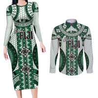 Bula Fiji Vintage Couples Matching Long Sleeve Bodycon Dress and Long Sleeve Button Shirt Phthalo Green Masi Motifs