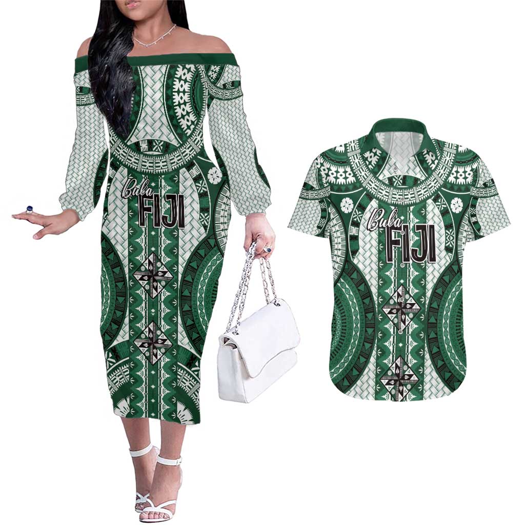 Bula Fiji Vintage Couples Matching Off The Shoulder Long Sleeve Dress and Hawaiian Shirt Phthalo Green Masi Motifs
