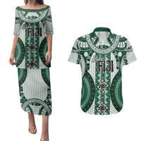 Bula Fiji Vintage Couples Matching Puletasi and Hawaiian Shirt Phthalo Green Masi Motifs