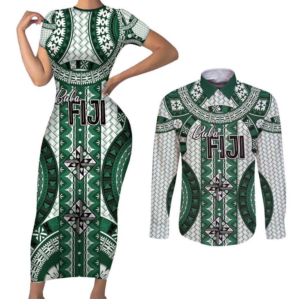 Bula Fiji Vintage Couples Matching Short Sleeve Bodycon Dress and Long Sleeve Button Shirt Phthalo Green Masi Motifs