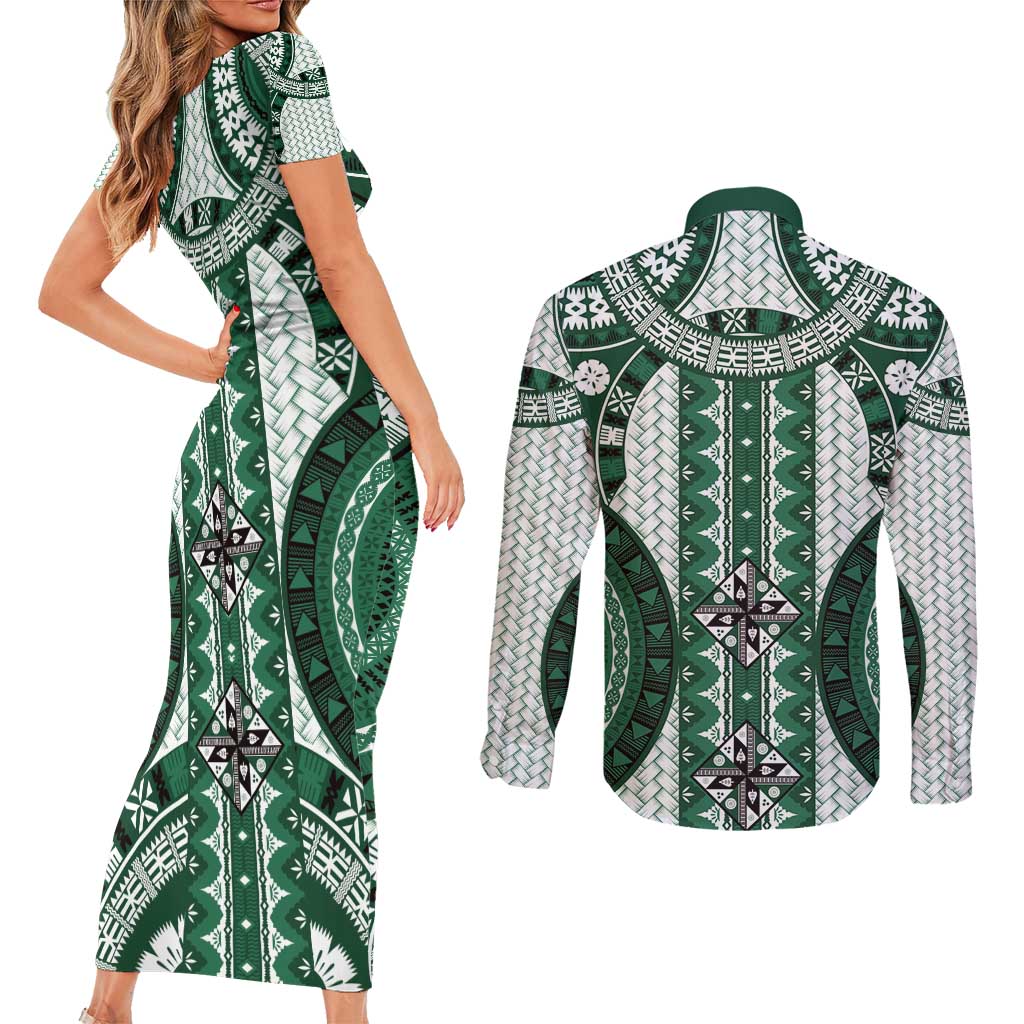 Bula Fiji Vintage Couples Matching Short Sleeve Bodycon Dress and Long Sleeve Button Shirt Phthalo Green Masi Motifs