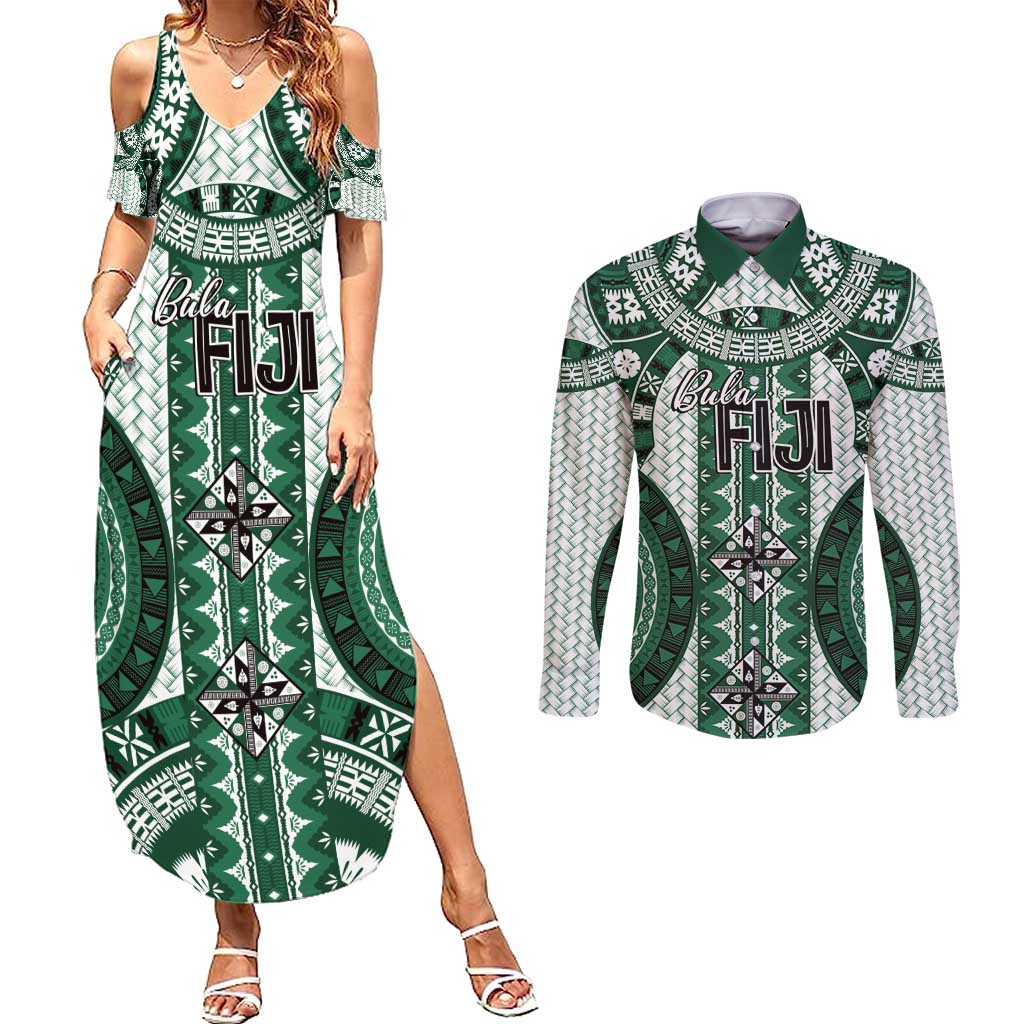 Bula Fiji Vintage Couples Matching Summer Maxi Dress and Long Sleeve Button Shirt Phthalo Green Masi Motifs