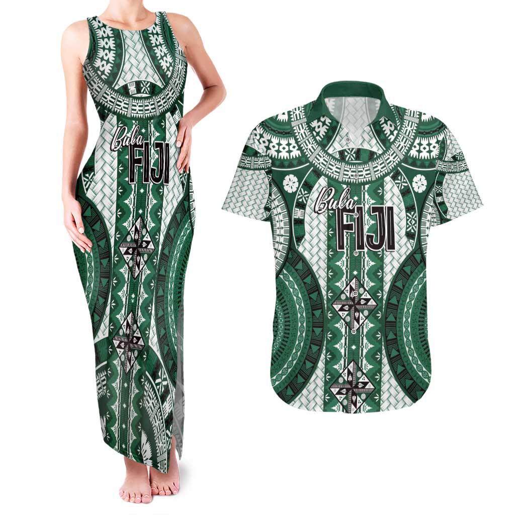 Bula Fiji Vintage Couples Matching Tank Maxi Dress and Hawaiian Shirt Phthalo Green Masi Motifs