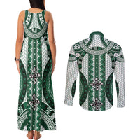 Bula Fiji Vintage Couples Matching Tank Maxi Dress and Long Sleeve Button Shirt Phthalo Green Masi Motifs