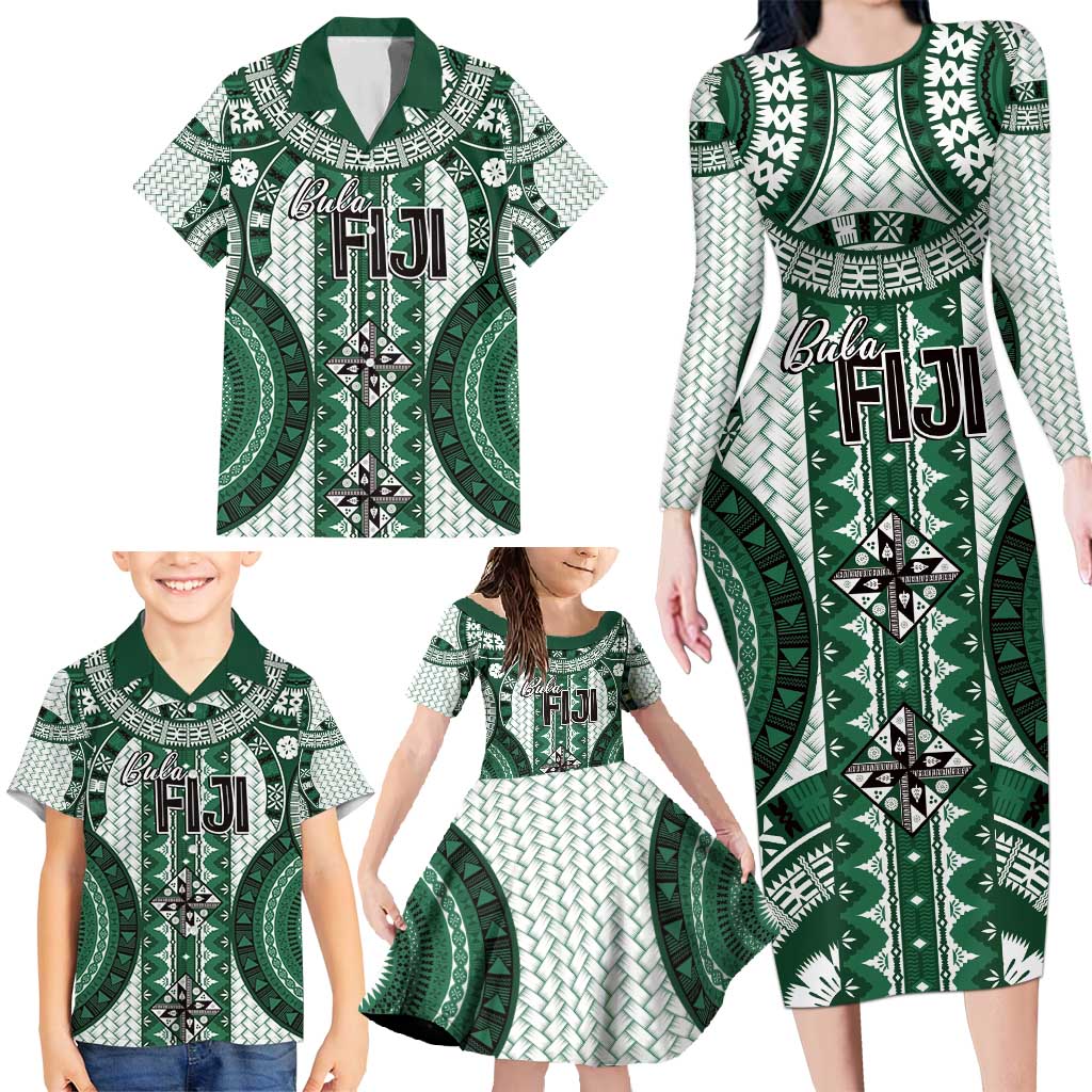 Bula Fiji Vintage Family Matching Long Sleeve Bodycon Dress and Hawaiian Shirt Phthalo Green Masi Motifs