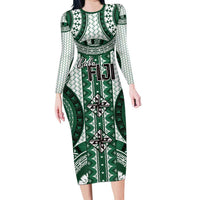 Bula Fiji Vintage Family Matching Long Sleeve Bodycon Dress and Hawaiian Shirt Phthalo Green Masi Motifs