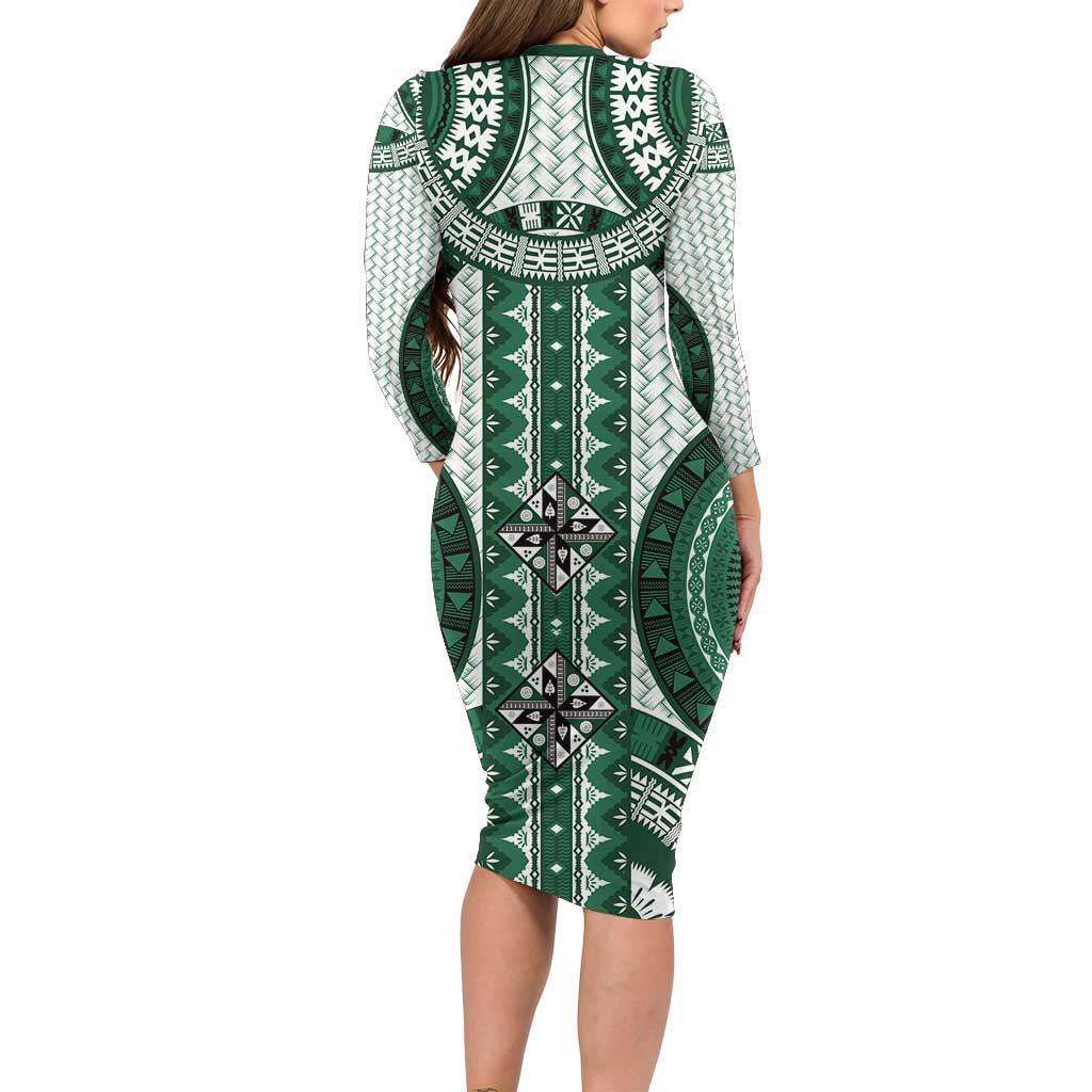 Bula Fiji Vintage Family Matching Long Sleeve Bodycon Dress and Hawaiian Shirt Phthalo Green Masi Motifs