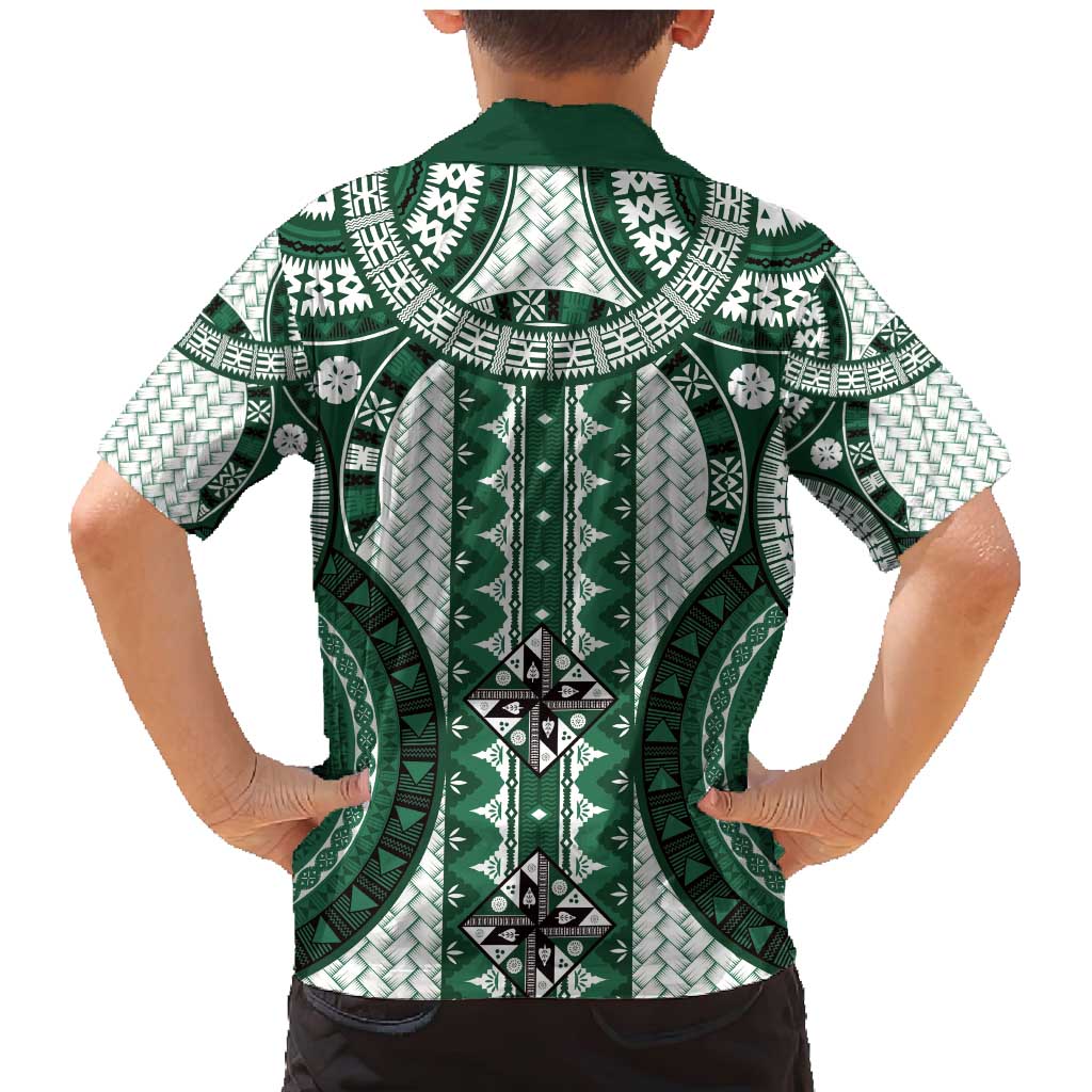 Bula Fiji Vintage Family Matching Mermaid Dress and Hawaiian Shirt Phthalo Green Masi Motifs