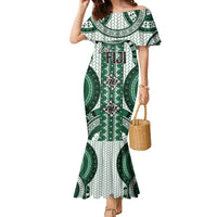 Bula Fiji Vintage Family Matching Mermaid Dress and Hawaiian Shirt Phthalo Green Masi Motifs