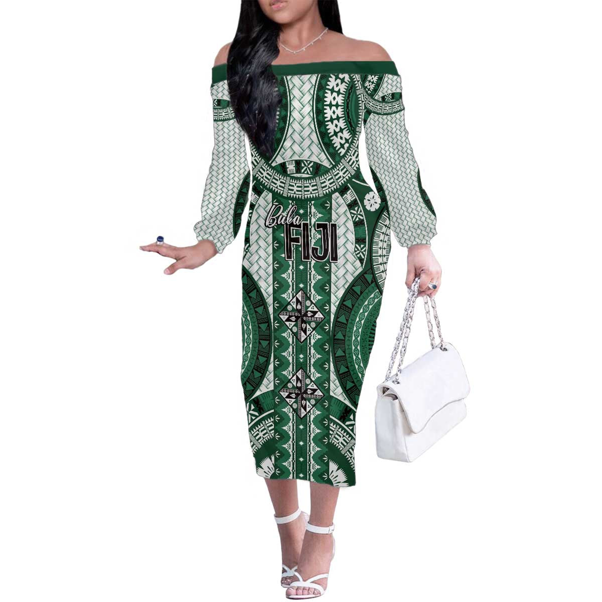 Bula Fiji Vintage Family Matching Off The Shoulder Long Sleeve Dress and Hawaiian Shirt Phthalo Green Masi Motifs