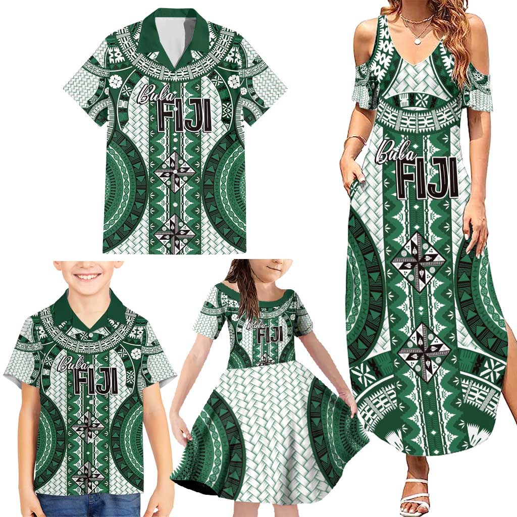 Bula Fiji Vintage Family Matching Summer Maxi Dress and Hawaiian Shirt Phthalo Green Masi Motifs