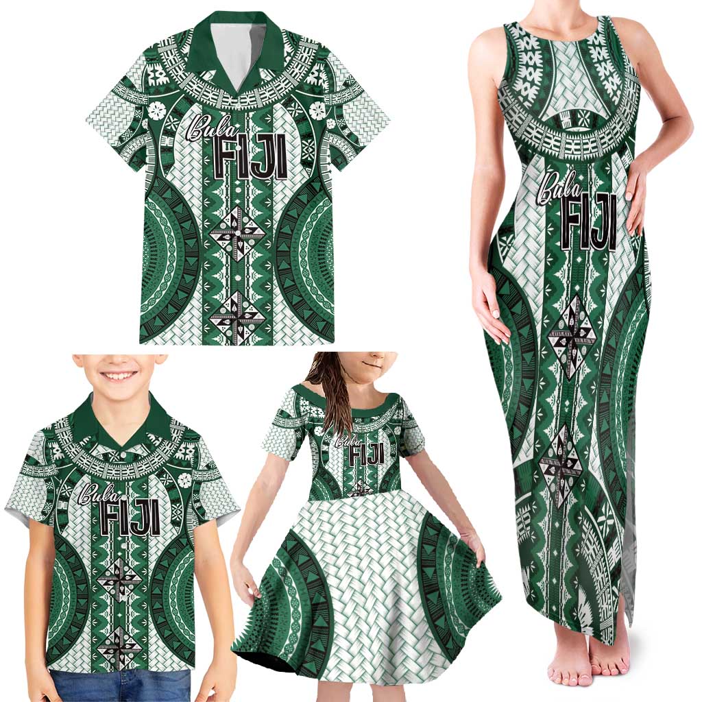 Bula Fiji Vintage Family Matching Tank Maxi Dress and Hawaiian Shirt Phthalo Green Masi Motifs