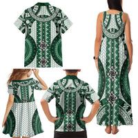 Bula Fiji Vintage Family Matching Tank Maxi Dress and Hawaiian Shirt Phthalo Green Masi Motifs