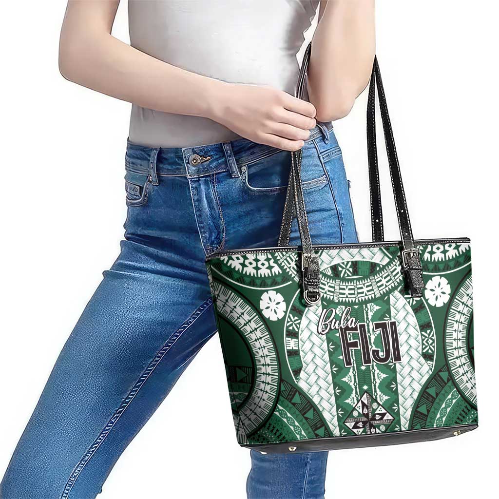 Bula Fiji Vintage Leather Tote Bag Phthalo Green Masi Motifs
