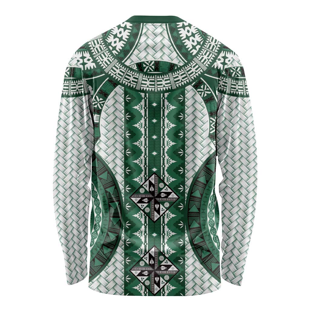 Bula Fiji Vintage Long Sleeve Shirt Phthalo Green Masi Motifs LT7 - Polynesian Pride