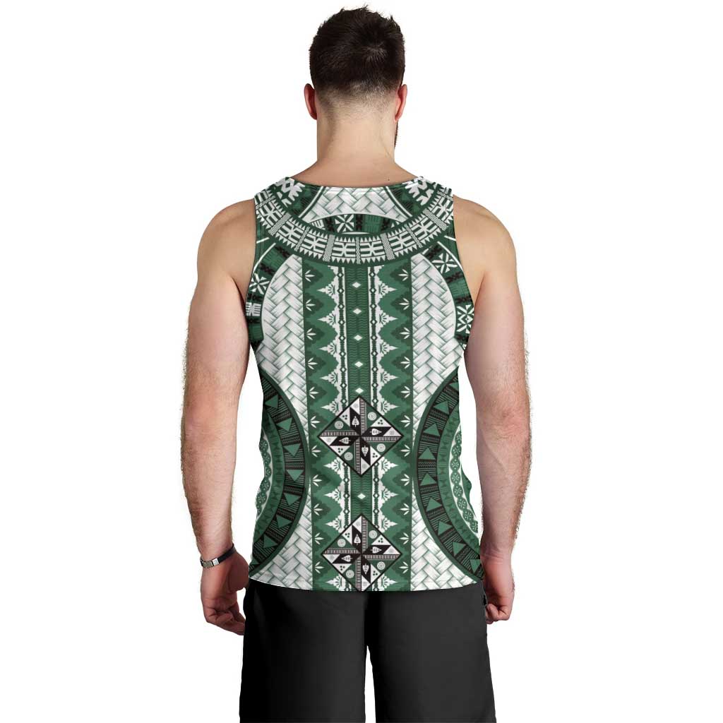 Bula Fiji Vintage Men Tank Top Phthalo Green Masi Motifs LT7 - Polynesian Pride