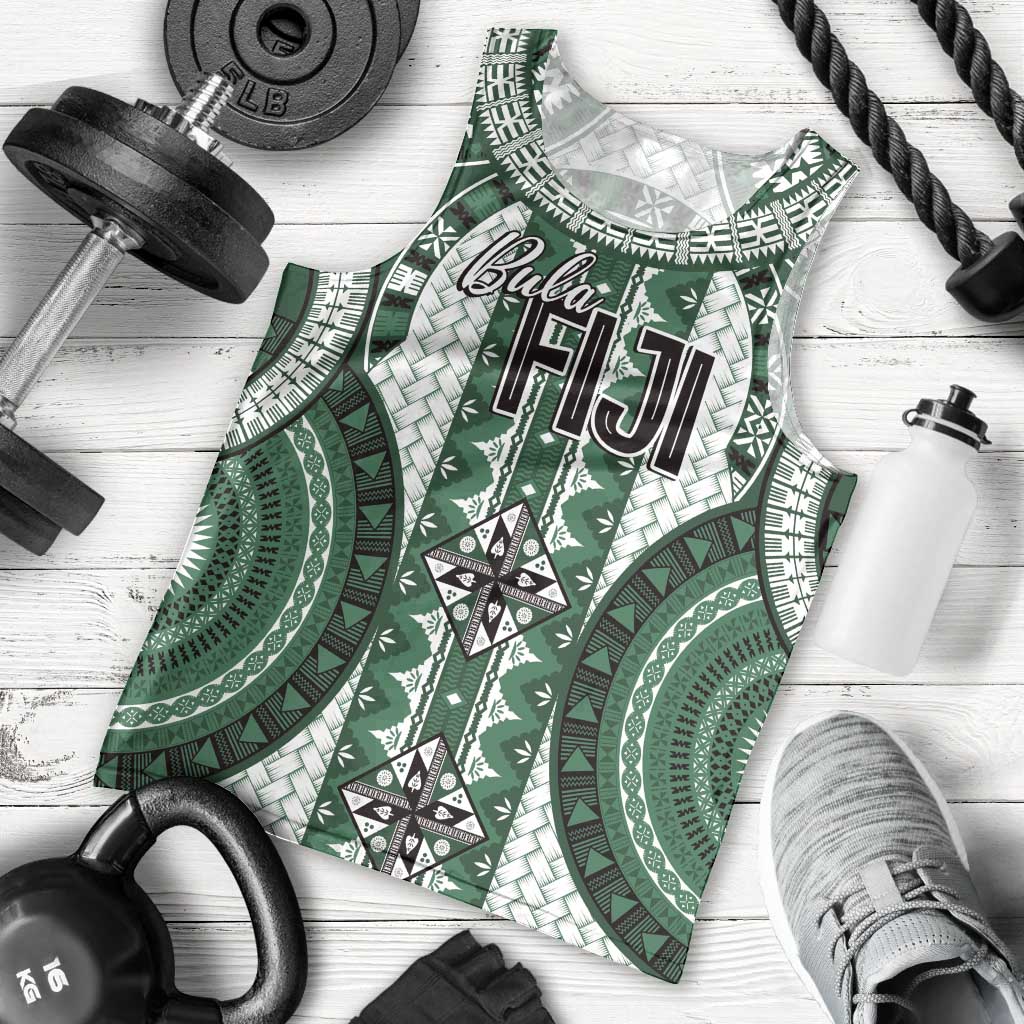 Bula Fiji Vintage Men Tank Top Phthalo Green Masi Motifs LT7 - Polynesian Pride