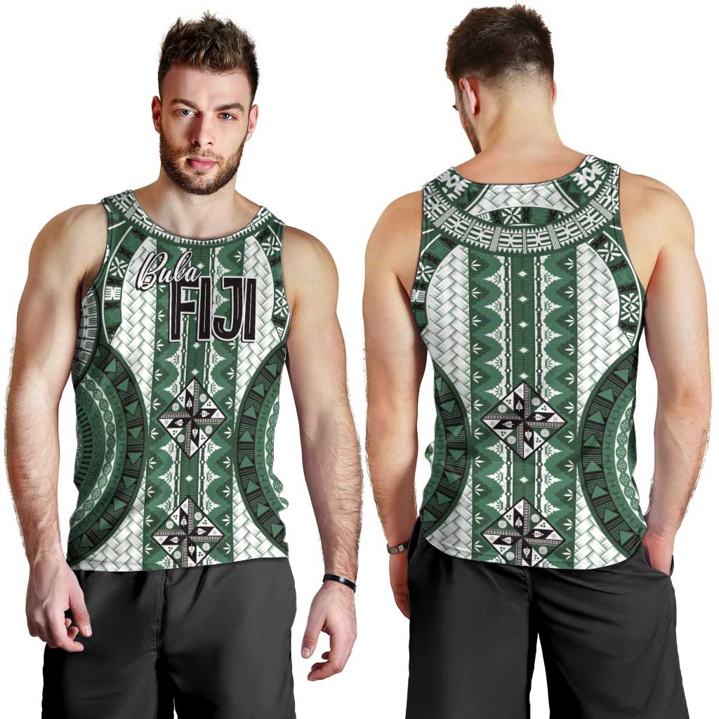Bula Fiji Vintage Men Tank Top Phthalo Green Masi Motifs LT7 - Polynesian Pride