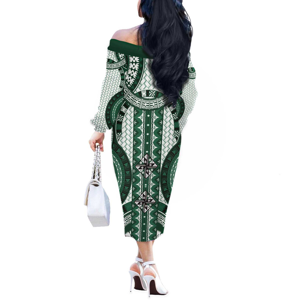 Bula Fiji Vintage Off The Shoulder Long Sleeve Dress Phthalo Green Masi Motifs