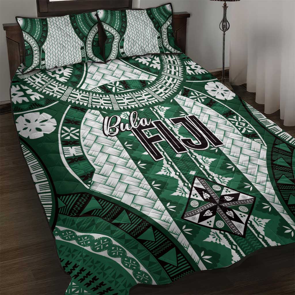 Bula Fiji Vintage Quilt Bed Set Phthalo Green Masi Motifs