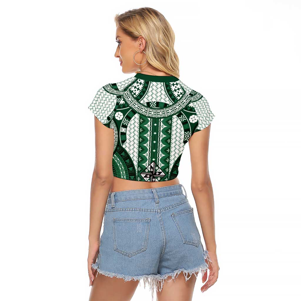 Bula Fiji Vintage Raglan Cropped T Shirt Phthalo Green Masi Motifs LT7 - Polynesian Pride