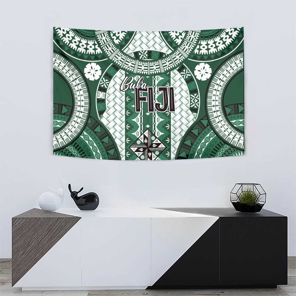 Bula Fiji Vintage Tapestry Phthalo Green Masi Motifs LT7 - Polynesian Pride